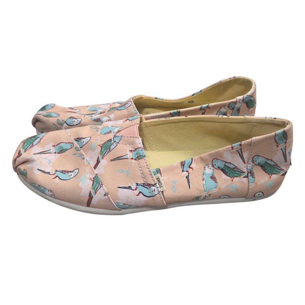 TOMS Classic Alpargata Peach Parakeet Budgie Bird Print Canvas Slip On Shoes 10